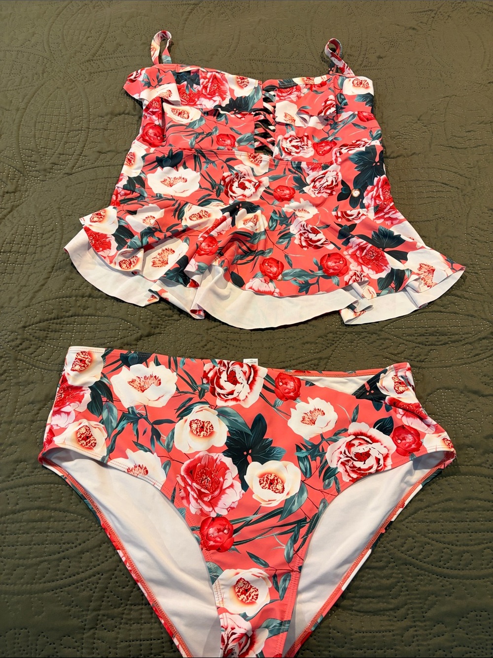 Amazon Women Swim Floral Tankini Set in Coral, White, Green